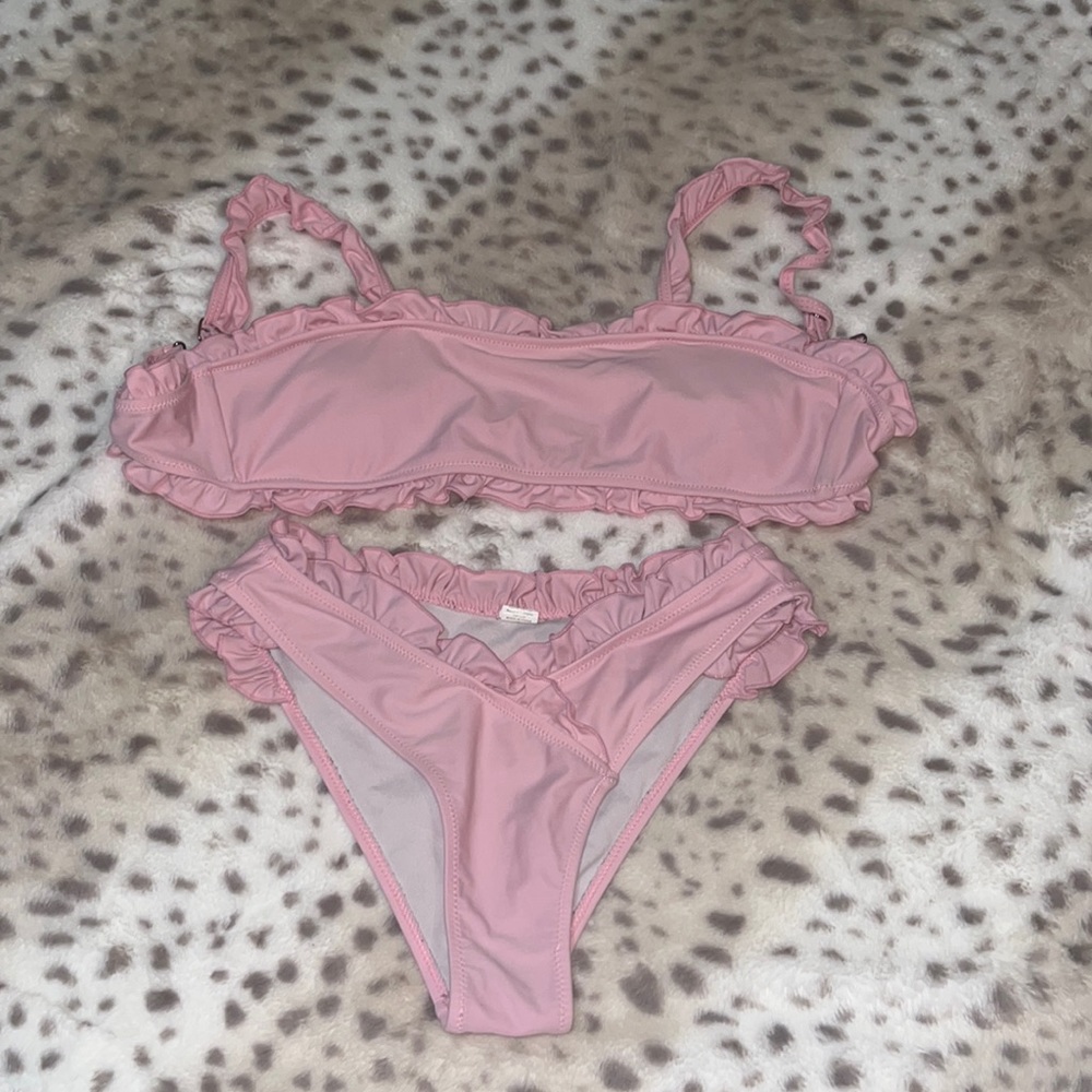 super cute light pink bikini with ruffles and adjustable straps